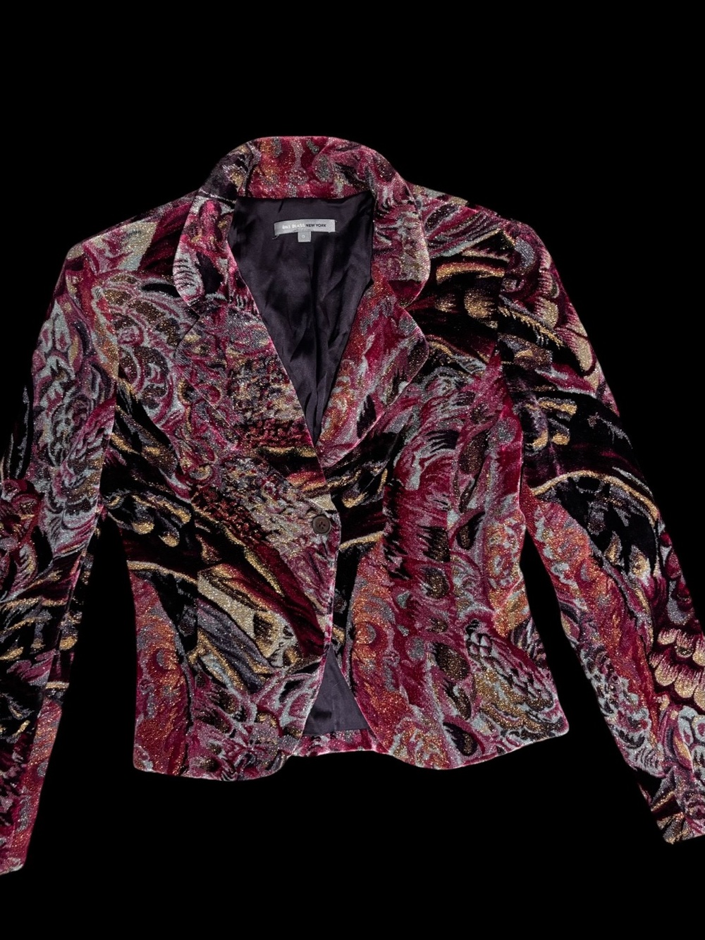 Vintage Bill Blass New York Velvet Blazer Size 0 Metallic Floral Jacket Excellen